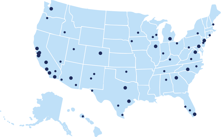 Pale blue map of the United States with dark blue dots indicating the locations of NAC partners and affiliates. The dots are in the following locations. Alabama: Birmingham; Arizona: Phoenix, Somerton, Tucson; California: Central Valley, East Bay, Inland Empire, Los Angeles, Marin, Napa, Orange County, San Diego, San Francisco, Silicon Valley; Colorado: Denver; Florida: Immokalee, Miami, Tampa; Georgia: Atlanta; Hawaii: Honolulu; Idaho: Boise; Illinois: Chicago; Indiana: Indianapolis; Kentucky: Louisville; Maine: Portland; Massachusetts: Boston; Michigan: Detroit; Minnesota: Minneapolis/St. Paul; Nevada: Las Vegas; New Mexico: Albuquerque, Santa Fe; New York: New York City; North Carolina: Charlotte, Raleigh; Ohio: Akron; Oklahoma: Tulsa; Oregon: Portland; Pennsylvania: Philadelphia; Tennessee: Nashville; Texas: Dallas, Houston, San Antonio, San Benito; Utah: Salt Lake City; Virginia: Charlottesville; Washington: Seattle; Washington DC; Wisconsin: Madison, Milwaukee.